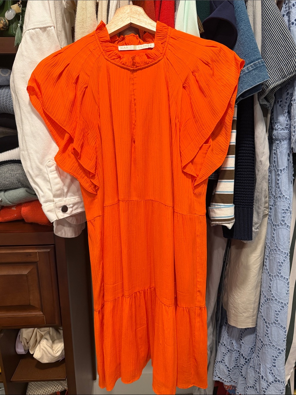 Marie Oliver Bright Orange Flutter-Sleeve Silk Dress
